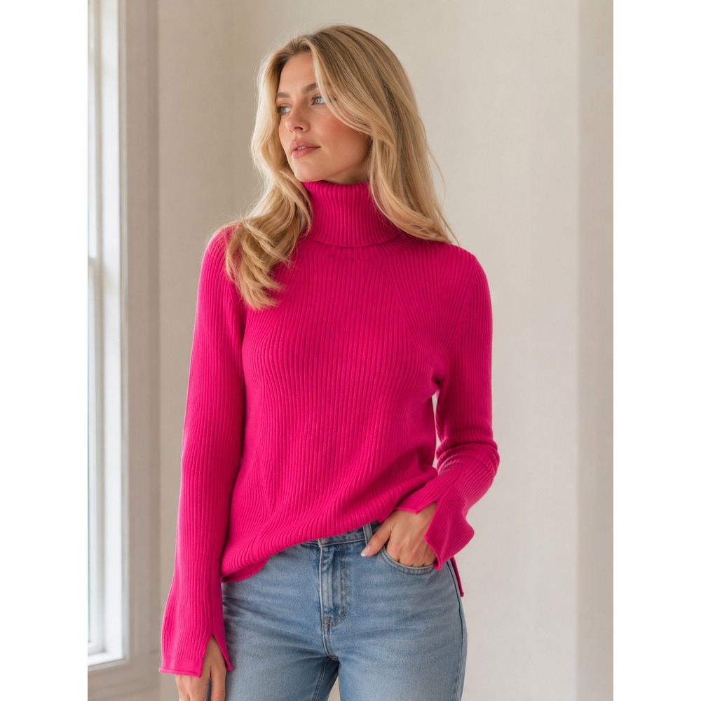 Maeve Anthropologie Hot Pink Ribbed Turtleneck Sweater Split Cuff Fuchsia Small